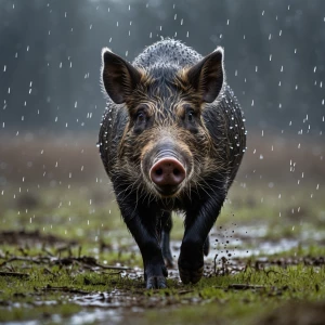 Professional photography of a wild boar running across a wet  co...