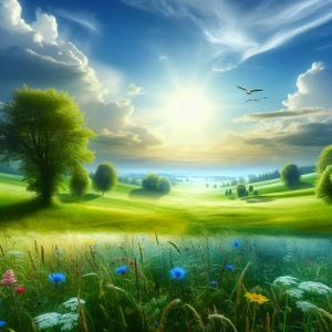 Beautiful heavenly scene of open field and blue sky with a few f...