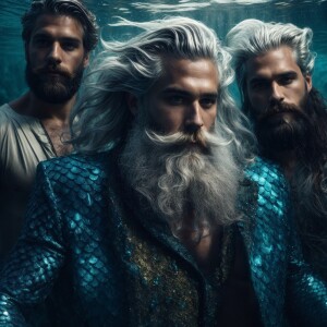 Create a series of images depicting three mermen, each with a di...