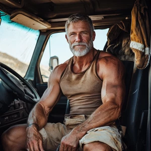 A muscular, older man with a well-groomed gray beard and short, salt-and-pepper hair sits confidently in the cab of a rugged truck. He’s wearing a snug brown tank top that shows off his bulging arms and broad shoulders, paired with tan cargo shorts that highlight his strong, athletic legs. His work boots, scuffed and worn from years of use, rest on the floor of the truck. The man exudes a rugged, seasoned vibe, with a hint of a smile as he grips the steering wheel, ready to hit the road. The truck’s interior is practical and well-used, with a few personal touches like a hanging air freshener and a coffee thermos in the cup holder