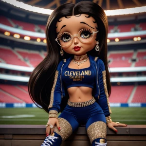 Betty Boop with a dark brown oil paint skin, long hair, and flaw...