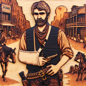 An old west cowboy standing in the middle of the road, six shoot...