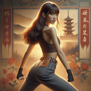 Athletic Thin skinny Attractive, Asian teenage girl, long brown hair and bangs, wearing tight skinny jeans and a halter top paint marks on her clothing, heroic pose Asian graffiti background, backside view