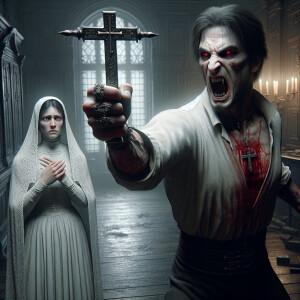 Create a hyper realistic image of a vampire hunter holding a cro...