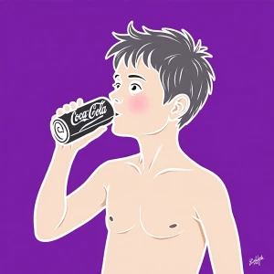 A digital painting depicting a boy drinking from a "Coca-Cola" c...