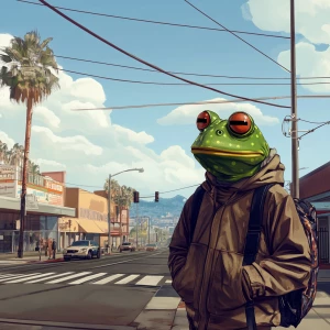 GTA street with PEPE meme in GTA and carton style.