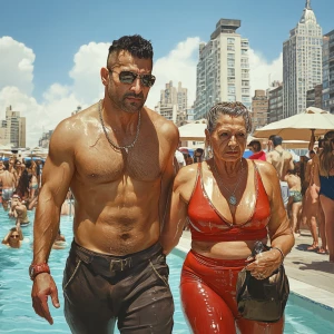 Photorealism,a muscular beefy criminal man walking with his swea...