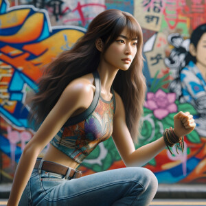 Very thin Athletic Thin skinny Attractive, Asian teenage girl, long brown hair and bangs, wearing tight skinny jeans and a halter top paint marks on her clothing, sitting side view heroic pose Asian graffiti