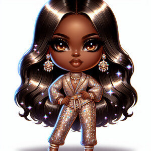 a chibi African American girl stands confidently, dressed in lux...