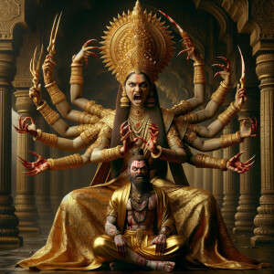 portrait of angry looking, four-armed indian goddess  sitting on...