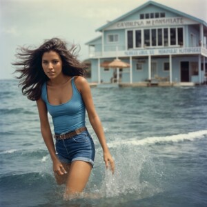 Create a realistic color snapshot from 1972 of a beautiful, brun...