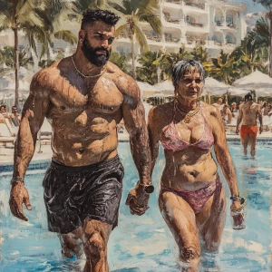 Realism,a man muscular beefy sweaty walking with a woman(his 50...