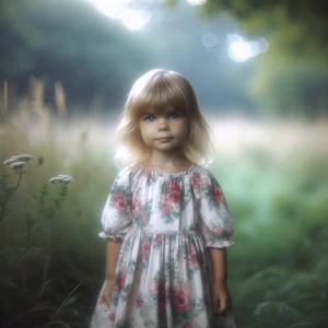 A little girl in a floral dress stands in a meadow