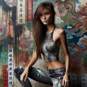 Very thin Athletic Thin skinny Attractive, Asian teenage girl, long brown hair and bangs, wearing tight skinny jeans and a halter top paint marks on her clothing, sitting side view heroic pose Asian graffiti