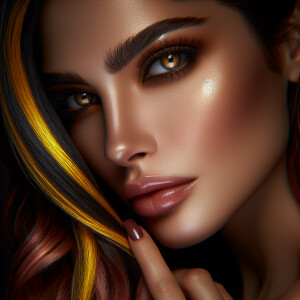 Head shot of a beautiful woman with bright golden eyes and long...