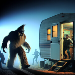 A towering Sasquatch covered in shaggy hair, its pointed head ad...