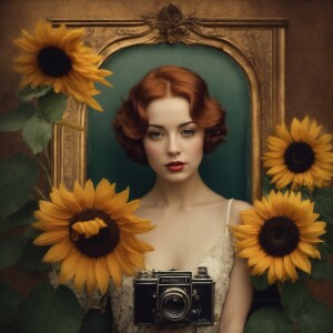 Create an artistic image of a beautiful female with ginger hair...