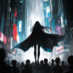 Create an image of a monochrome city street scene where a crowd...