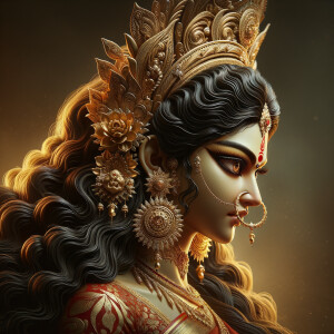 Side view portrait of gorgeous and angry goddess durga. intricately detailed depiction of a goddess. gold jewelry all over body. sharp nose, light skin, beautiful brown eyes, wavy black hair, ultra detailed face. Wearing red saree, a lot of ear piercings, uhd, hdr, 64k, epic scene. Photography, ultra detailed face, epic, 8K