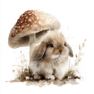 Small fluffy rabbit under large spotted mushroom, delicate water...