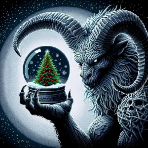 Krampus holds a snow globe in his hand, with a Christmas tree ca...