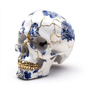 A broken human skull of Lisbon white and blue porcelain, with no...