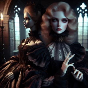 A finely crafted porcelain doll dressed in an elaborate Gothic gown. The doll’s features are delicate, with pale, flawless skin, vivid red lips, and dark, glassy eyes. Its black lace dress cascades to the floor, and its hands are elegantly posed, giving it an air of both refinement and eeriness. A dimly lit room with tall, arched windows forms the background, adding a mysterious, old-world charm