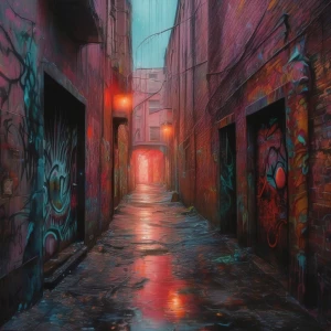 Twisted, nightmarish graffiti covering a decaying urban alleyway, dripping and pulsating with unnatural colors; a shadowy figure with glowing red eyes lurks in the background.