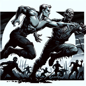 A zombie chasing after a handsome, athletic man, full body shot.