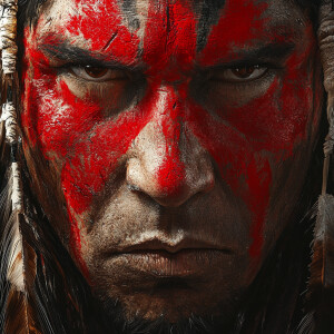 A native american indian with intricate red facial paint, featur...