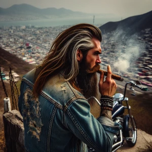 Show a biker and a jean jacket, smoking a cuban cigar from the b...