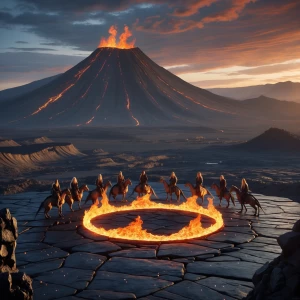 Vast volcanic highlands under a sky streaked with ash and molten...