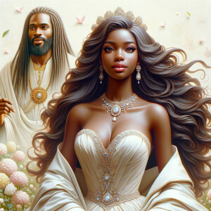 Create a 3-D realistic oil, painting of a beautiful African-American bride. She has long flooring, wavy hair and her gown has beautiful jewels around the neckline. in the background there is a beautiful African-American Jesus Christ with long dreadlocks, and he is smiling. He is very handsome pastel flowers throughout the image.