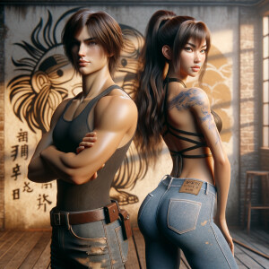 Athletic Thin skinny Attractive, Asian teenage girl, long brown hair and bangs, wearing tight skinny jeans and a halter top paint marks on her clothing, heroic pose Asian graffiti background, backside view