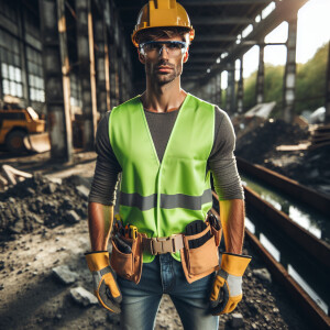 A work site featuring a white man wearing all his safety PPE. He...