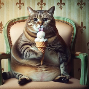 A cat sitting relaxed on a vintage sage green chair, and licking...