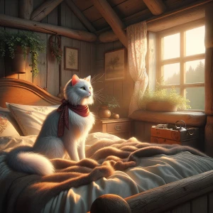 A calm morning scene inside a simple village house. An anthropom...