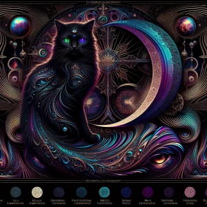A surreal, ultra-detailed digital painting of a mysterious cat w...