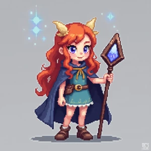 Create a 2D pixel art character of a young girl with a fantasy t...