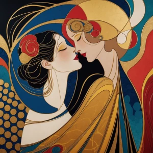 Create an image in the art nouveau style of Gustav Klimt, featuring intricate patterns and bold colors, with a strong emphasis on gold leaf accents and elegant, flowing lines reminiscent of his famous piece "The Kiss".