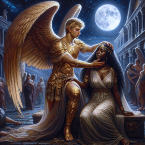 Create an oil painting image featuring a male angel and a grievi...