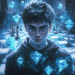 Harry Potter standing with short hair, surrounded by flying sky-...