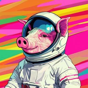 Cute cartoon pig in vintage white spacesuit and NASA style helme...