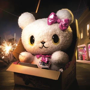 A large plush character, similar to Hello Kitty, featuring white...