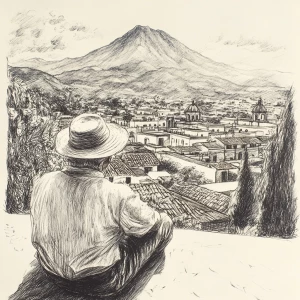 Draw a man about 60 years old looking over the city of Antigua,G...