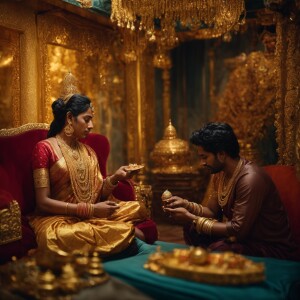 Image of God Vishnu waiting desperately in a couch while goddess...
