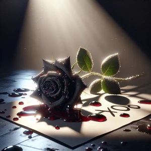 A black rose with a small amount of blood on it fallen across a...