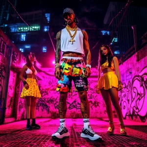 A man stands at the center on a neon-lit rooftop, dressed in a b...