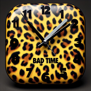 a clock with leopard print but the time that its pointing to say...