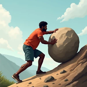 Generate an image depicting a young African American man exerting effort to push a large boulder up a steep hill.